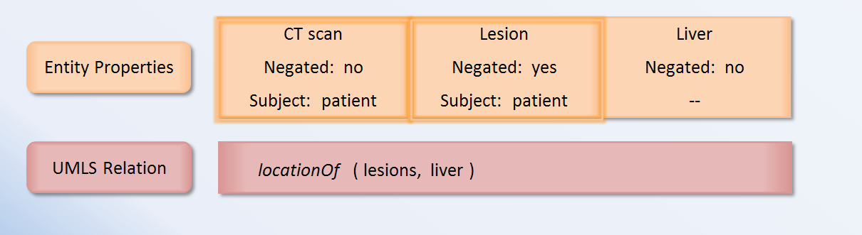 The location-of relation and the negation and subject properties of entities in the sentence "The patient underwent a CT scan in April which did not reveal lesions in his liver."